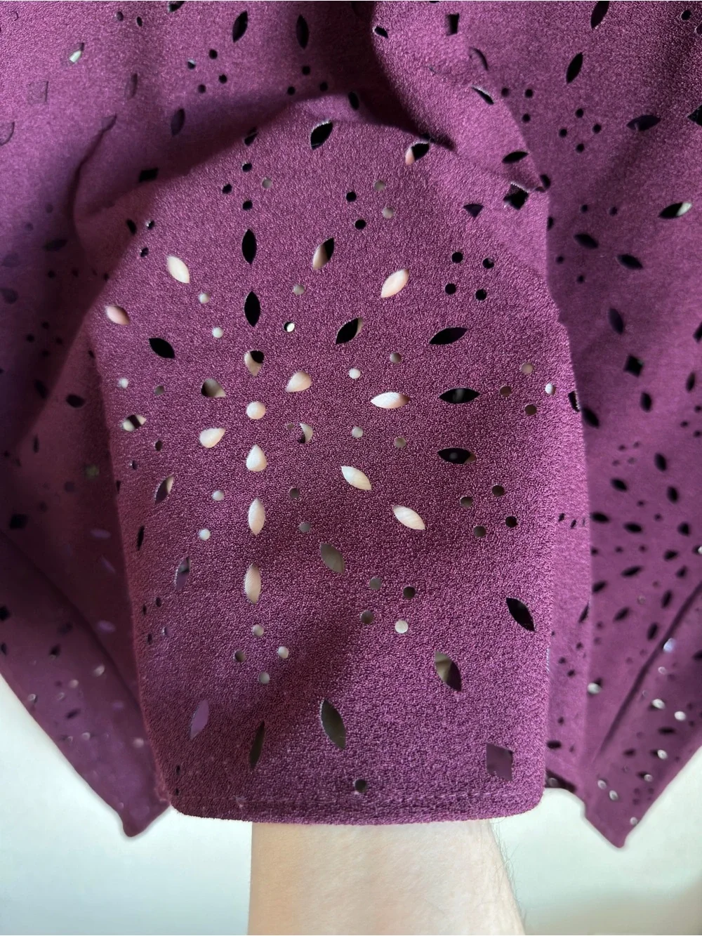 Alberto Makali Laser Cut High Low Blouse XL Purple Faux Leather Trim Artsy EUC